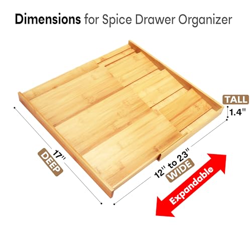 Bamboo Spice Drawer Organizer, (Need 3.1” Deep Drawer) Expandable 4 Tier Spice Rack for Cabinet (From 12" to 23" Wide), Seasoning Storage Insert, Spice Organizer for Drawer,Jars Not Included