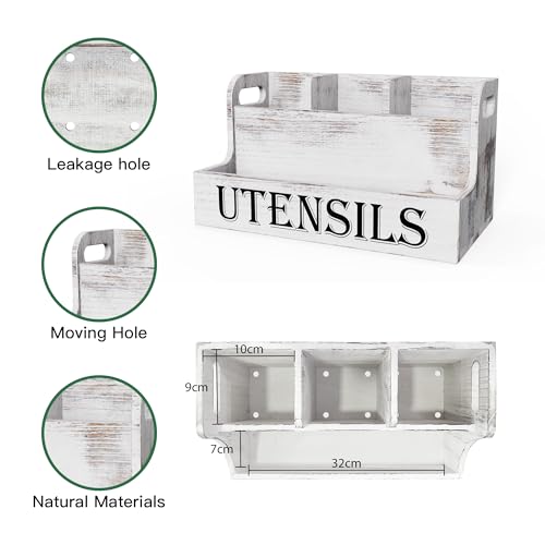 Suli Extra Large Kitchen Utensils Holder with 4 Compartments, White Wooden Utensil Organizer for Kitchen Countertop, Farmhouse Utensil Storage, Rustic Cooking Utensils - White Grain
