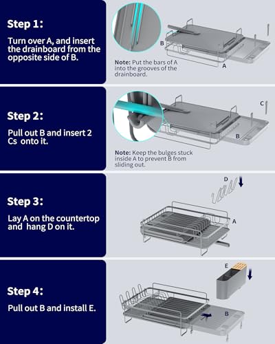 Kitsure Extendable Dish Drying Rack, Large Drying Dish Rack with Cutlery & Cup Holders, Multifunctional Dish Racks for Counter with Drainage, 18.2"-25.7" L x 12.9" W, Grey