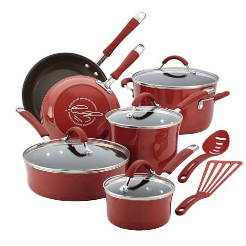 Rachael Ray Cucina Nonstick Cookware, Cranberry Red Pots and Pans Set, 12-Piece