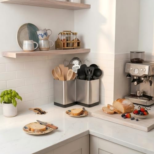 Suli Utensil holder,Kitchen Utensil Organizer for Corner Countertop,Extra Large Silverware Organizer with 3 Compartments,Farmhouse Decor,Iron,Silvery