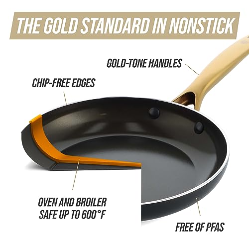 Blue Diamond 8" Nonstick Frying Pan Skillet, Diamond Infused PFAS & PTFE-Free Ceramic Pot, Dishwasher & Oven Safe, Gold Handle, Induction, Non Toxic Metal Utensil Safe, Egg & Omelet Pan, Black
