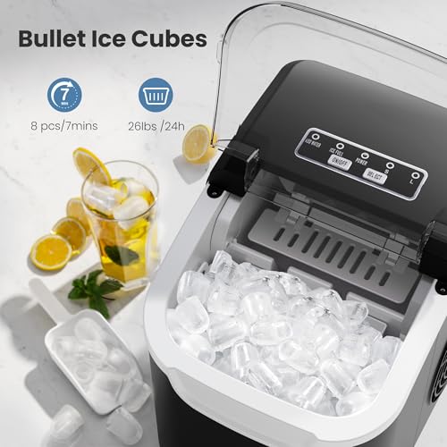 Countertop Portable Ice Maker Machine with Handle, 8 Bullet-Shaped Ice Cubes Ready in 6 Mins, 26Lbs/24H, Self-Cleaning Function with Ice Scoop and Basket for Home/Kitchen/Party (Black)