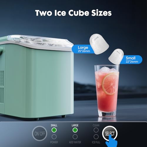 Sweetcrispy Countertop Ice Maker with Scoop, Basket and Handle, Portable Ice Machine 9 Cubes Ready in 6 Mins, 26.5lbs in 24Hrs, 2 Sizes for Home Kitchen Office Bar Party, Green