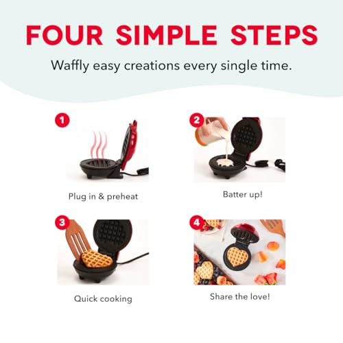 Dash Mini Waffle Maker- Mini Machine for Creative Homemade Treats - Nonstick Iron with Unique Print Design - Stylish Waffle Machine - Red Heart