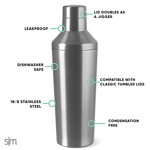 Simple Modern Cocktail Shaker Set with Jigger Lid | Stainless Steel Boston Shaker Insulated Martini Mixer for Mocktails | Gifts for Men Women Him Her | Classic Collection | 20oz | Simple Stainless