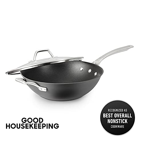 Calphalon Signature Hard-Anodized Nonstick Wok, 12", Flat-Bottom, Oven-Safe, PFOA-Free, Black