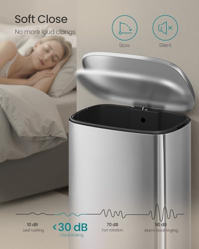 SONGMICS 20-Gallon (75 L) Trash Can, Stainless Steel Kitchen Garbage Can, Recycling or Waste Bin, Soft Close, Step-On Pedal, Removable Inner Bucket, Silver ULTB075EZ01