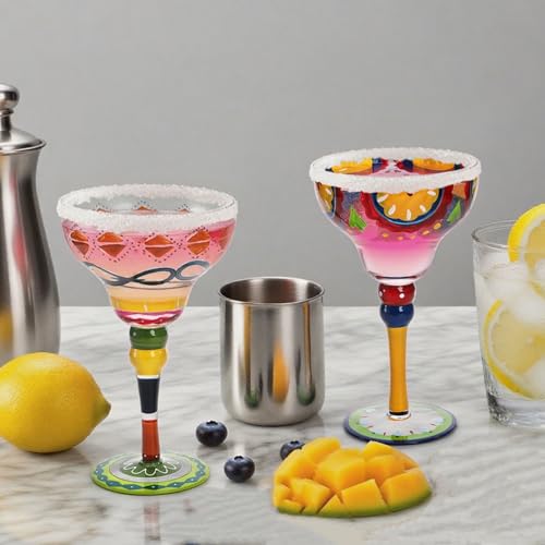 ZAVOOS Set of 2 Margarita Glass, 10 Oz Mexican Hand Blown Glasses Modern Bar Cups for Martini, Handcrafted Coupe Drinking Glassware Stemware for Cocktail Champagne, Party Decorations