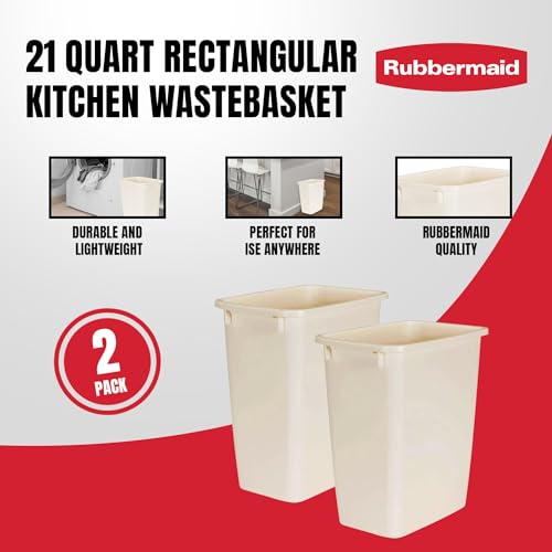 Rubbermaid 21 Quart Traditional Rectangular Plastic Open Wastebasket Trash Can for Kitchen, Bathroom, and Home Office, Bisque (2 Pack)