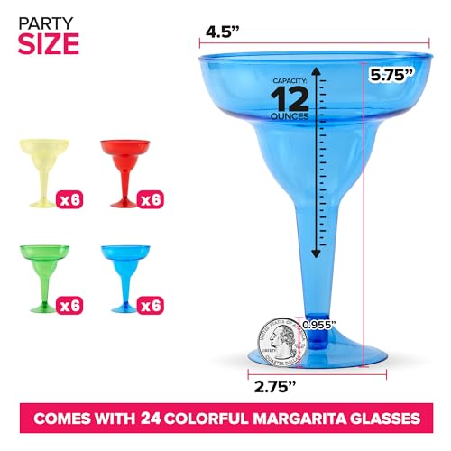 Stock Your Home Multicolor Plastic Margarita Glasses Disposable (Set of 24) Decorations for Cinco de Mayo Parties, Colorful Cocktail Cups for Tropical Party Supplies - Large 12 oz Hurricane Glasses