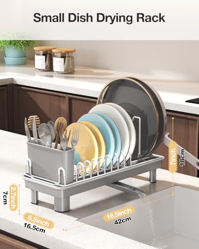 Nfnoyp Dish Rack, Carbon Steel Small Dish Drying Rack Rustproof for Kitchen Counter, Compact Space-Saving Dish Drainer with Adjustable Slots for Small Kitchens & Apartments, 16.5×6.5×7inch, Grey