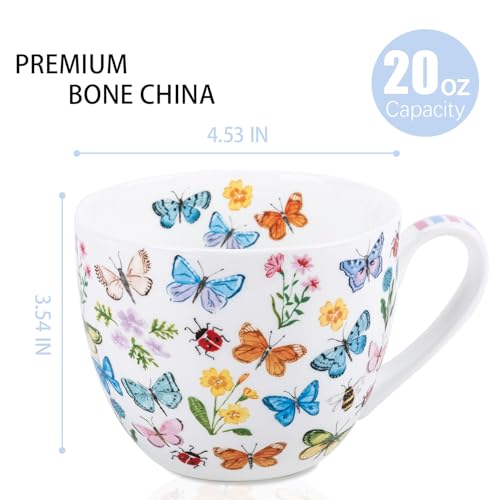 Colorful Butterfly Mug - 20oz Bone China Coffee Tea Hug Mug with Multicolor Butterflies, Ladybugs, Bees & Blooms, Perfect Gifts for Mom Women Mothers Day, Designed in England by Harvest Green Studio