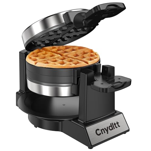 Cnydltt Double Waffle Maker - 1400W Rotating Belgian Waffle Iron, Cooks 2 at Once (8 Slices), 180° Flip Nonstick Plates, Smart Temp Control, Removable Drip Tray, Locking Lid, Stainless, Black