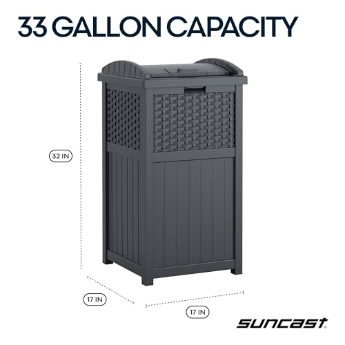 Suncast 33 Gallon Wicker-Style Hideaway Trash Can with Secure Latching Lid and Weather-Resistant Construction for Patio, Cyberspace Grey, Made in the USA
