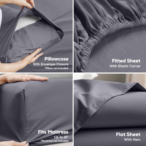 Twin Size Sheet Set – 3 Piece Bed Sheets, Soft and Breathable Microfiber, Includes 1 Fitted Sheet, 1 Flat Sheet and 1 Pillowcase – Oeko Tex (Grey)