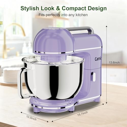 Camic Electric Stand Mixer,7.45 QT,10 Speeds with Dough Hook,Whisk, Flat Beater Attachments, Splash Guard, Easy-Carry Top Handle,3-IN-1 Kitchen Mixer for Baking Cakes Cookie Bread Salad (Purple)