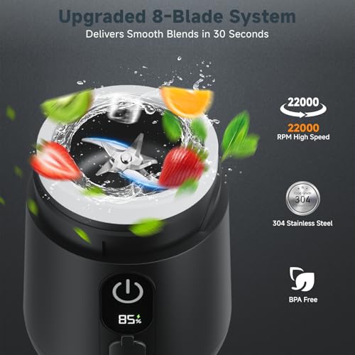 TOMUOO Portable Blender, 8 Blades Personal Size Smoothie Blender for Shakes, USB C Rechargeable Juicer Cup with LED Display, Travel Friendly Mini Mixer for Home, Office, Gym, 17oz, Black