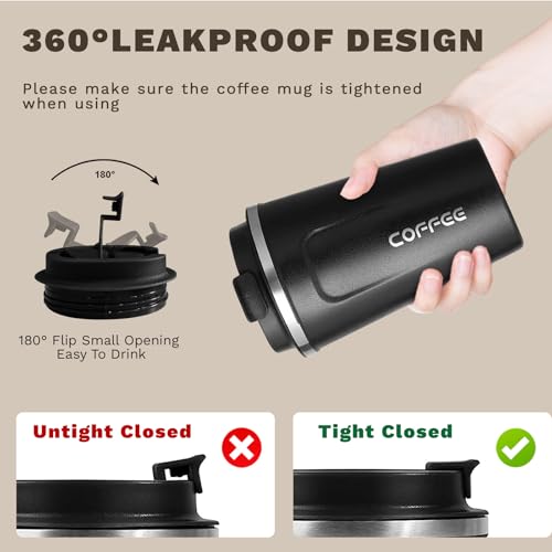 SPLMIFA Travel coffee mugs leak-proof, reusable coffee cups with lids, stainless steel vacuum insulated coffee tumblers, thermal insulation cups for men & women keep drinks hot & cold(2nd-Black, 12OZ)