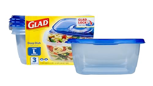 Glad GladWare Deep Dish Food Storage Containers with Lids, Large Rectangle BPA Free Plastic for Soups Salads and Meal Prep, Lock Tight Seal, Microwave Dishwasher Safe, 64 Oz, 3 Count