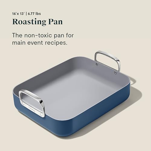 Caraway Roasting Pan - 16x13” Roasting Pan with Rack - Non-Stick Ceramic Coated - Non Toxic, PTFE & PFOA Free - Oven Safe & Compatible with All Stovetops - Navy