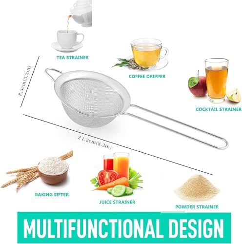3.35 Inch Silver Fine Mesh Strainer, Stainless Steel Metal Handheld Small Mini Sieve Strainer, Kitchen Food Strainer with Handle for Cocktail, Tea, Coffee and Juice