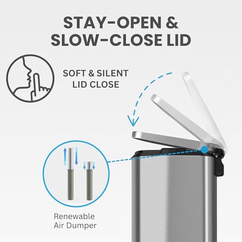 iTouchless 13.2 Gallon Step Trash Can with Lid and Odor Control Filter, Stainless Steel Kitchen Garbage Bin with AirNova Silent Lid, 50 Liter, Fingerprint-Proof, Silver