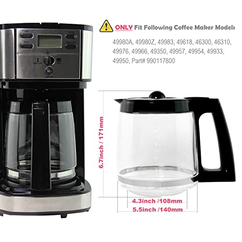 12-Cup Glass Carafe Replacement Compatible with Hamilton Beach Coffeemaker Models 46310, 49976, 49966, 49350, 49957, 49954, 49933, 49980A, 49980Z, 49983, 49618, 46300, 49950