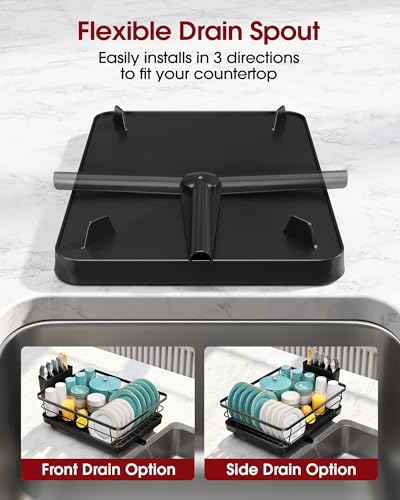 Sakugi Dish Drying Rack - Stainless Steel Dish Rack with Drainboard for Kitchen Counter and Sink, 15.6" D x 12" W x 5" H, Black