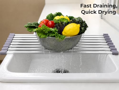 EZYROM Medium Aluminum Roll Up Dish Drying Rack (17" x 13") - Fits Sinks up to 16 Inches, Heavy Duty Square Bar, Rust-Proof & Heat Resistant with Removable Dish Holder (Purple Gray Medium)