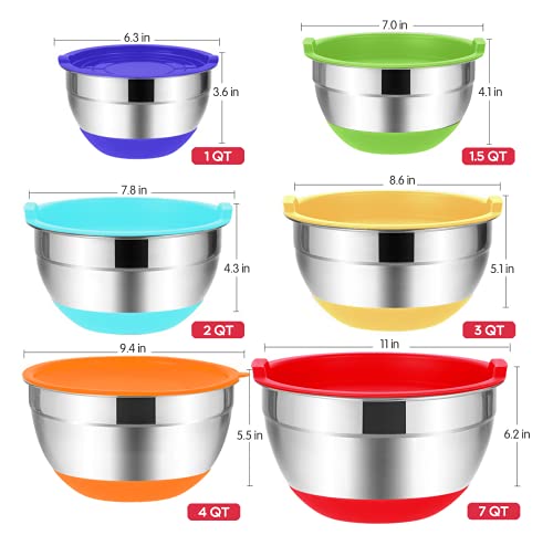 Rottay Mixing Bowls with Airtight Lids, 20PCS Stainless Steel Mixing Bowl Set, Nesting Bowls with 3 Grater Attachments & Non-Slip Bottoms, Size7, 4, 3, 2, 1.5, 1QT Bowls for Baking&Prepping