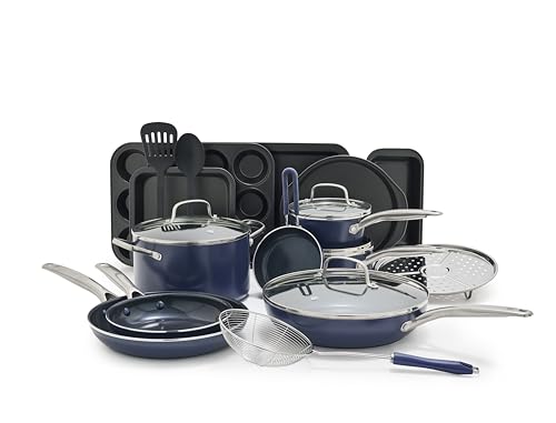 Blue Diamond 20 Piece Nonstick Cookware Set, Diamond Ceramic Pots & Pans, Dishwasher & Metal Utensil