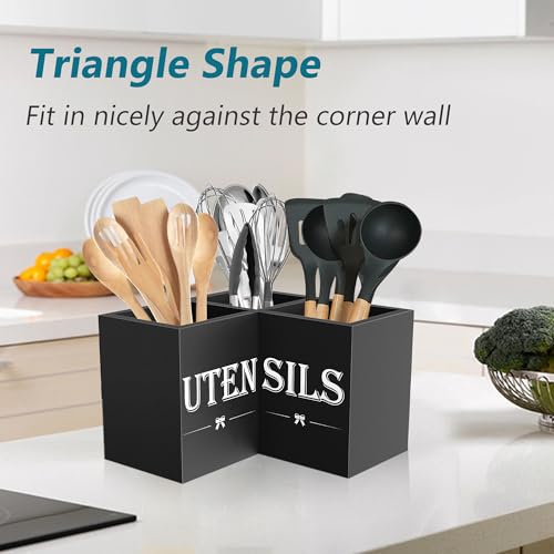 Suli Extra Large Kitchen Utensils Holder with 3 Compartments,Corner Utensil Caddy for Countertop,Wooden Utensil Organizer for Kitchen Countertop, Farmhouse Decor- Black