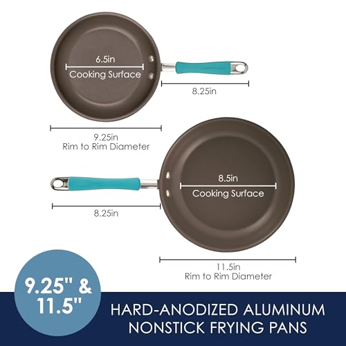 Rachael Ray 87643 Cucina Hard Anodized Nonstick Frying Pan Set / Fry Pan Set / Hard Anodized Skillet Set - 9.25 Inch and 11.5 Inch, Gray with Blue Handles