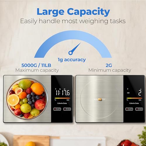 WARMKEY Smart Nutrition Food Scale with App - 1g Precision Digital Kitchen Scale, Tracks Calories & 24 Nutrients, Macros, Fat & Protein for Keto, Fitness & Meal Prep, 11lb/5kg with Tare Function