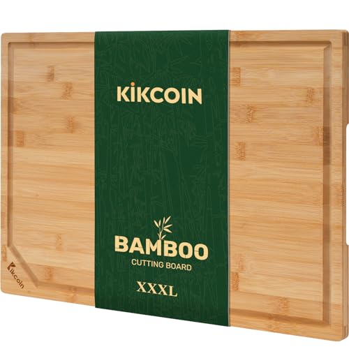 Kikcoin 24”×18” Bamboo Cutting Boards for Kitchen, Wooden Healthy Cutting Boards for Charcuterie, Vegetables, Cheese, Bread, Extra Large Chopping Boards with Deep Juice Groove and Handle, Natural