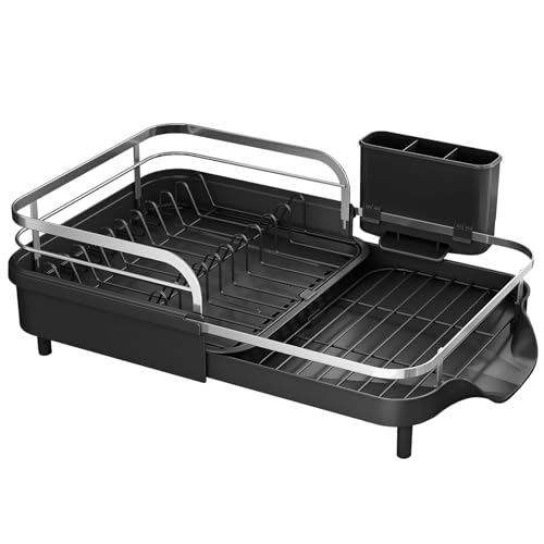 SAYZH Dish Drying Rack - Expandable Dish Rack for Kitchen Counter, Rust-Resistant Dish Drainer with Utensil Holder and Raised Guardrail, Kitchen Organizer for Cup and Bottle (Black)