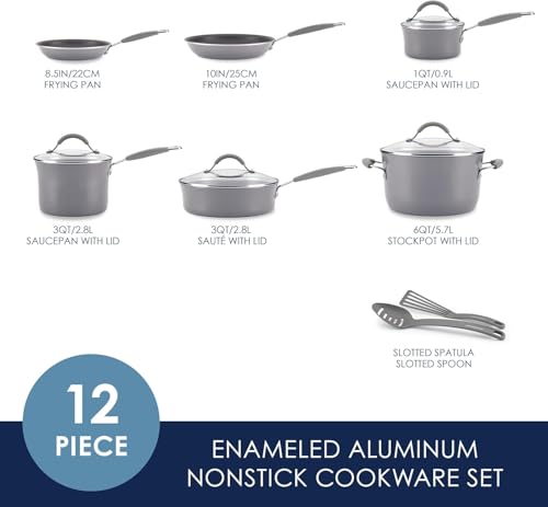 Rachael Ray Cucina Nonstick Cookware, Sea Salt Gray Pots and Pans Set, 12-Piece