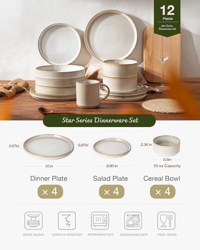 Famiware Star Dinnerware Sets, Plates and Bowls Set for 4, 12 Pieces Ribbed Dishes - Chip and Scratch Resistant, Microwave and Dishwasher Safe Tableware, Cappuccino White