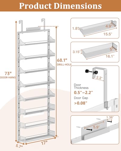 POKIPO Over the Door Pantry Organizer 8-Tier, Large Metal Door Spice Rack with Adjustable Basket, 2 in 1 Wall Mount or Hanging Heavy-Duty Pantry Door Storage Shelf for Kitchen and Bathroom, White