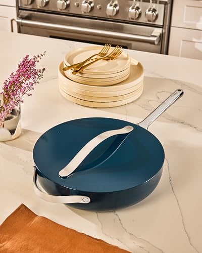 Caraway Nonstick Ceramic Sauté Pan with Lid (4.5 qt, 12") - Non Toxic, PTFE & PFOA Free - Oven Safe & Compatible with All Stovetops (Gas, Electric & Induction) - Cream