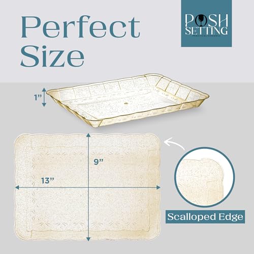 Posh Setting - Glitter Gold Serving Trays for Party, 9x13 Plastic Platters & Food Trays