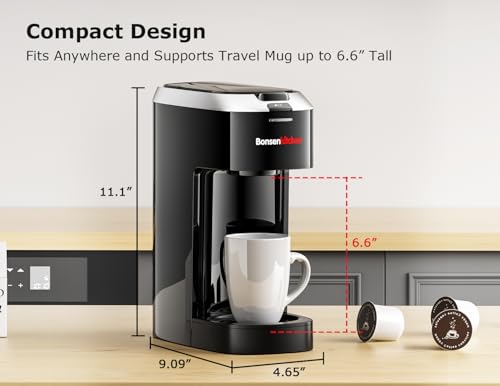 Bonsenkitchen Single Serve Coffee Maker K Cup Pod with 6-14oz Brew Size- 3 Min Fast Brewing Machine with Strength Control, BPA-free Materials, Fits 6.6" Travel Mugs, Silver, Upgrade