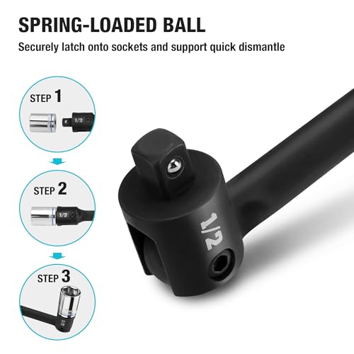 DURATECH Breaker Bar, 1/2'' Drive 24-Inch Breaker Bars Heavy Duty, with 240° Flex Head, Spring-loaded Detent Ball, CR-MO Head, Premium Black Phosphate Finish