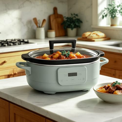 6 Quart Programmable Slow Cooker Removable Healthy Nonstick Pot - Small Kitchen Appliance for Family Dinners - Serves 6+ People - Heat Settings: Keep Warm Olive