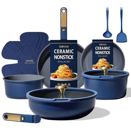 CAROTE Blue&Gold Ceramic Cookware Set Non Toxic, PFAS Free, 15Pcs Pots and Pans Set Non Stick Detachable/Removable