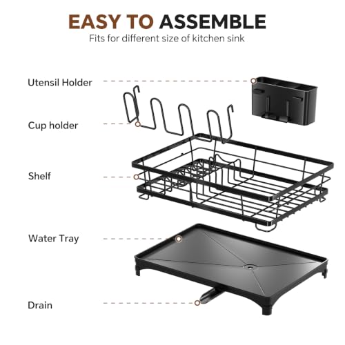 Simple Trending Dish Drying Rack for Kitchen Counter, Stainless Steel Dish Rack, Large Dish Drainer Organizer with Cutlery Holder & Cup Holders, Black