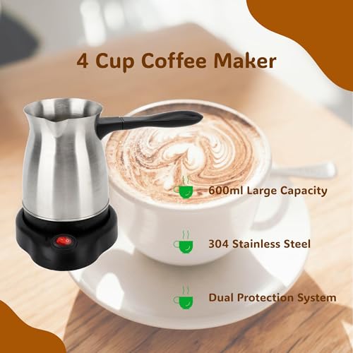 Electric Turkish Coffee Pot, 600ml Stainless Steel 110V Heating Kettle with Foldable Anti-Scald Handle for Home and Travel, Fast Brew Maker Arabic Greek Tea Milk (Smooth Pot Surface)