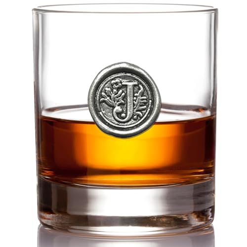 English Pewter Company 11oz Old Fashioned Whiskey Rocks Glass With Monogram Initial - Unique Gifts For Men - Personalized Gifts With Your Choice of Initial (J) MON110