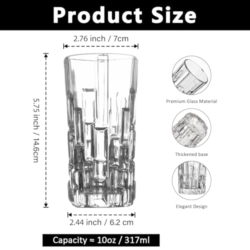 Vitrignis Tall Highball Glasses Set Of 6 - Elegant Tom Collins Glasses - Textured Designer Glassware Set For Whiskey,Drinks, Water, Beer, Soda 10 Oz